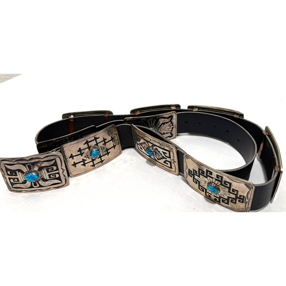 Vintage Navajo KK Kee Brown Sterling Belt Turquoise Silver Heavy 39-41" Waist - Picture 1 of 15